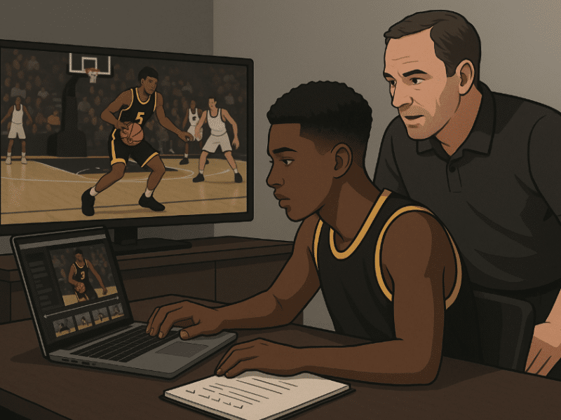 High school basketball player editing a highlight video with a coach